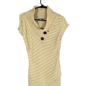 Venus Beige Short Sleeve Cable Knit Faux Button Knit Sweater Women Sz M